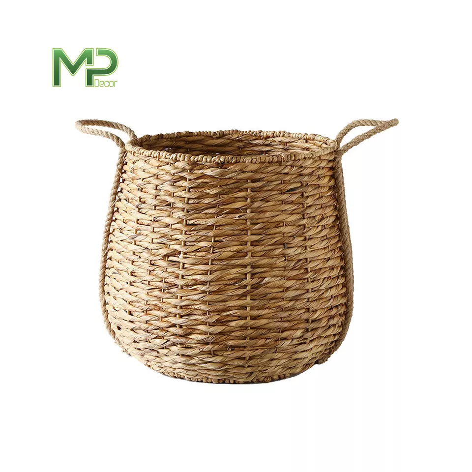 Eco-friendly woven water hyacinth rush grass office home storage food bread baskets with handles