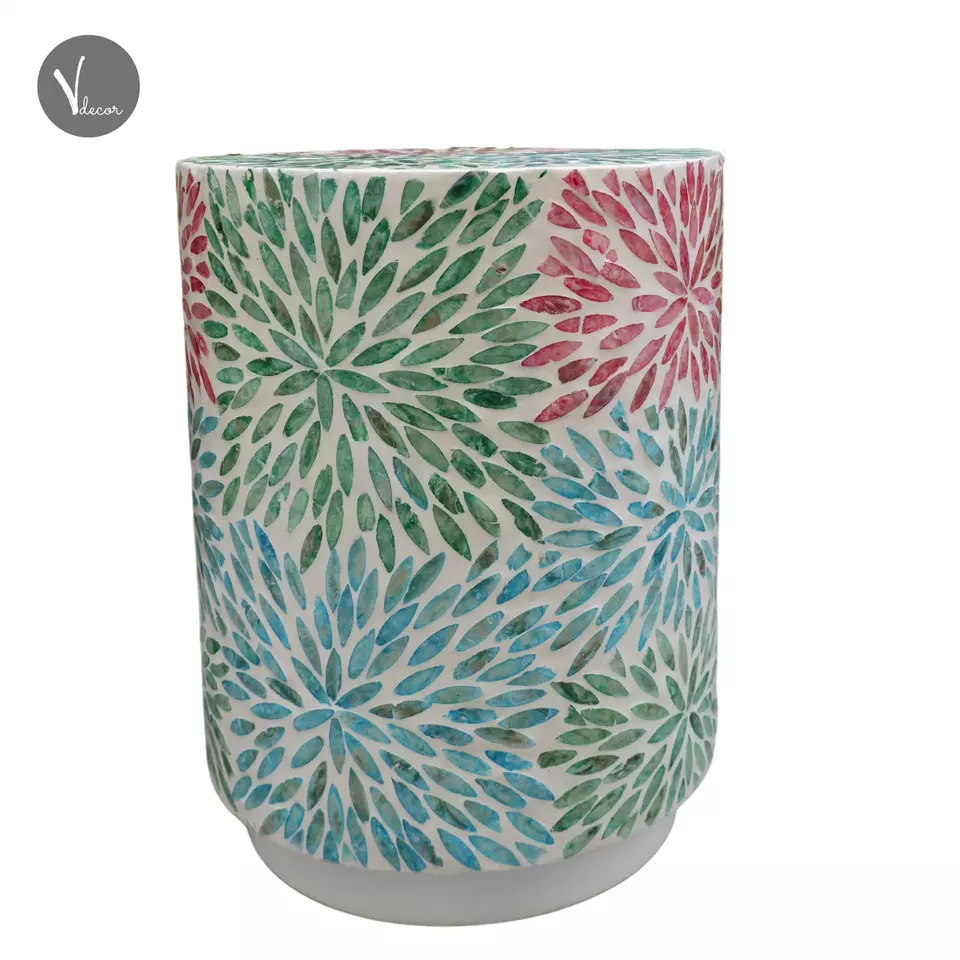 Colourful Mother of Pearl Round Side Table | Mosaic end table with lacquer coating | Decorative Stool Home and Office