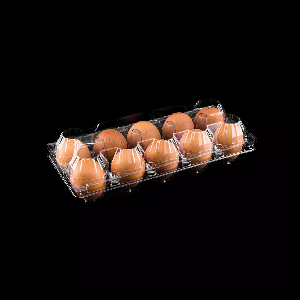 Stack-able transparent plastic ((PET) 10-chicken egg tray (or container, case, box, holder) for robust, strong, cheap, and easy