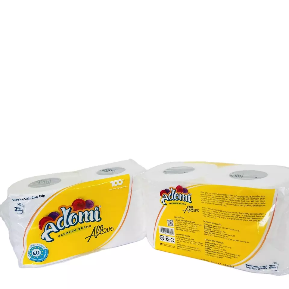 Vietnam High quality 110 mm Diameter 100% Virgin Pulp Personal Care Bathroom Tissue Adomi Allove 2 rolls (with core)