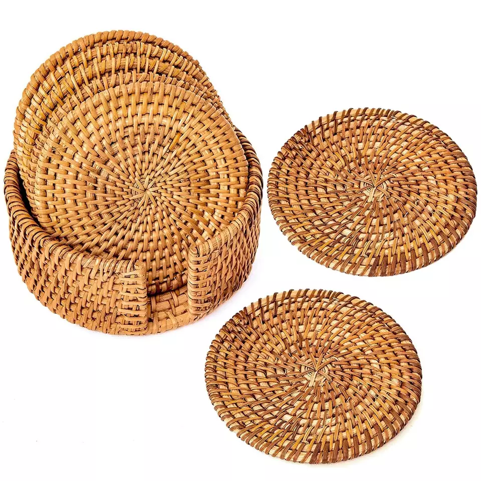 Serveware Handcrafted Natural Color Eco Friendly Durable Easy to Clean Storage Rattan Coasters from Vietnam Wholesale