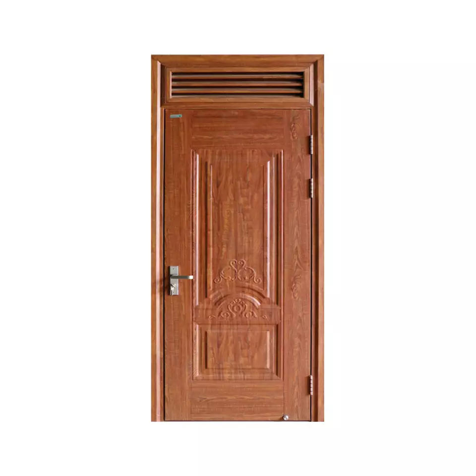 Modern Wooden Single-leaf Wood Grain Steel Door - The Door Has An Opening Above