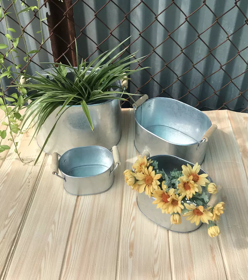 Zinc-plated oval pots, wooden handles, rustic color, set 4