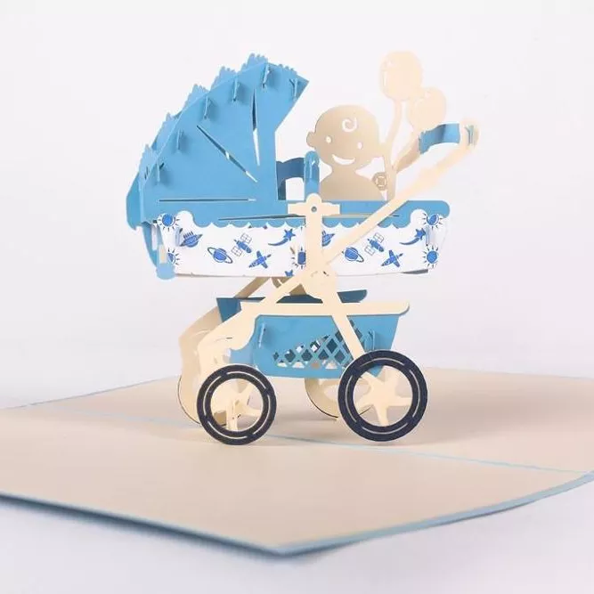 Baby Shower Card 3D Laser Cut Blue Pram Pop Up Card Vietnamese Handmade Card