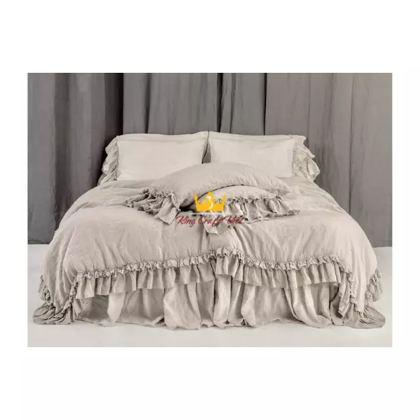 Super Soft Comfortable Design Rustic Style Linen Fibre Bedding With Double Ruffles Quilt Sets Made by Vietnam FBA Amazon