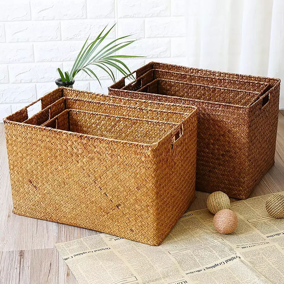 Weaving seagrass Basket with wire frame Rectangular shape for decoration