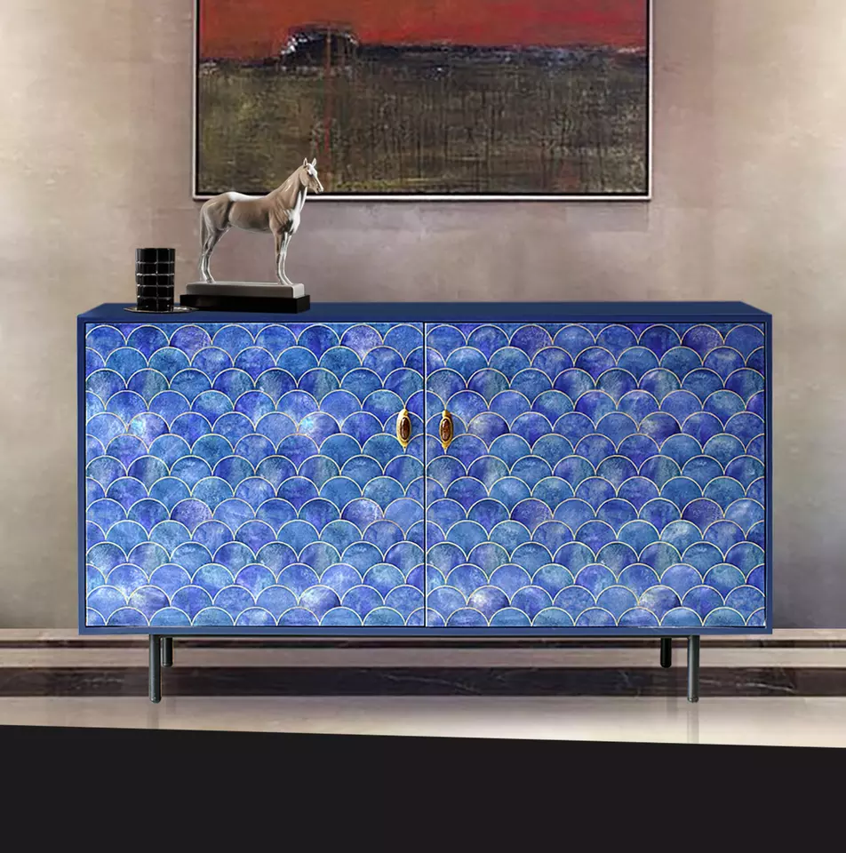 W1500xD450xH800 Hand-painted Modern Decoration Living Room Craftsman Indochine Style Wood WAVES Lacquer Cabinet