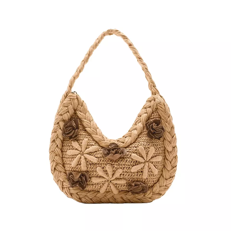 New Design Straw Beach Bag Leather Flower Pattern Handbag Mini Bags Wholesale From Vietnam Handicraft High Quality