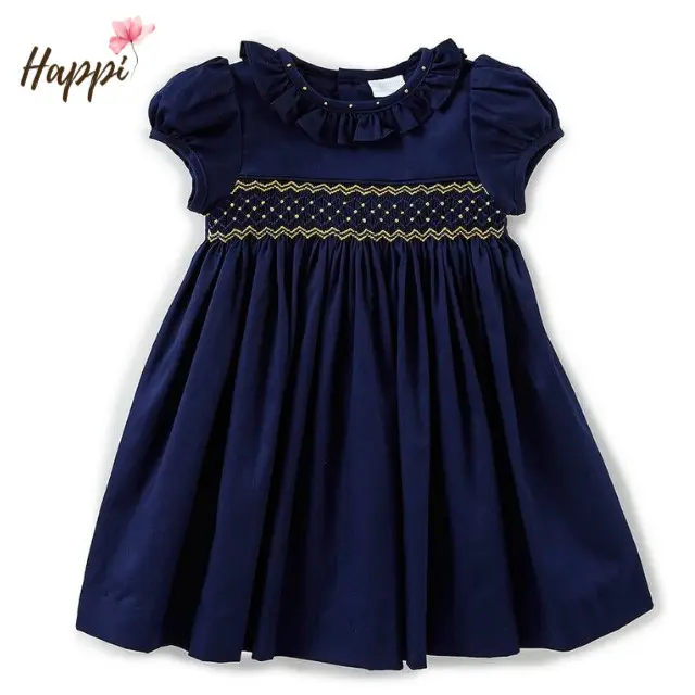 Wholesale Dark Blue Cotton Satin Handmade Embroidered Smocked Dress For Toddler Girls