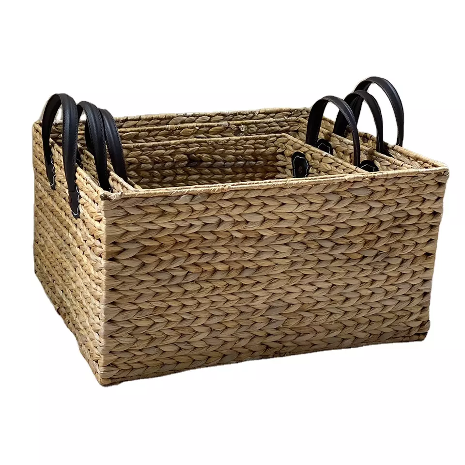 Popular Costumed Fashion Natural Rect Set Of 3 Basket With Handles