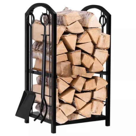LEMO Firewood Rack with 4-Piece Cutlery 75 x 40 x 30 cm Indoor Firewood Stand Fireplace Companion Set Outdoor Wooden Shelf 2 She