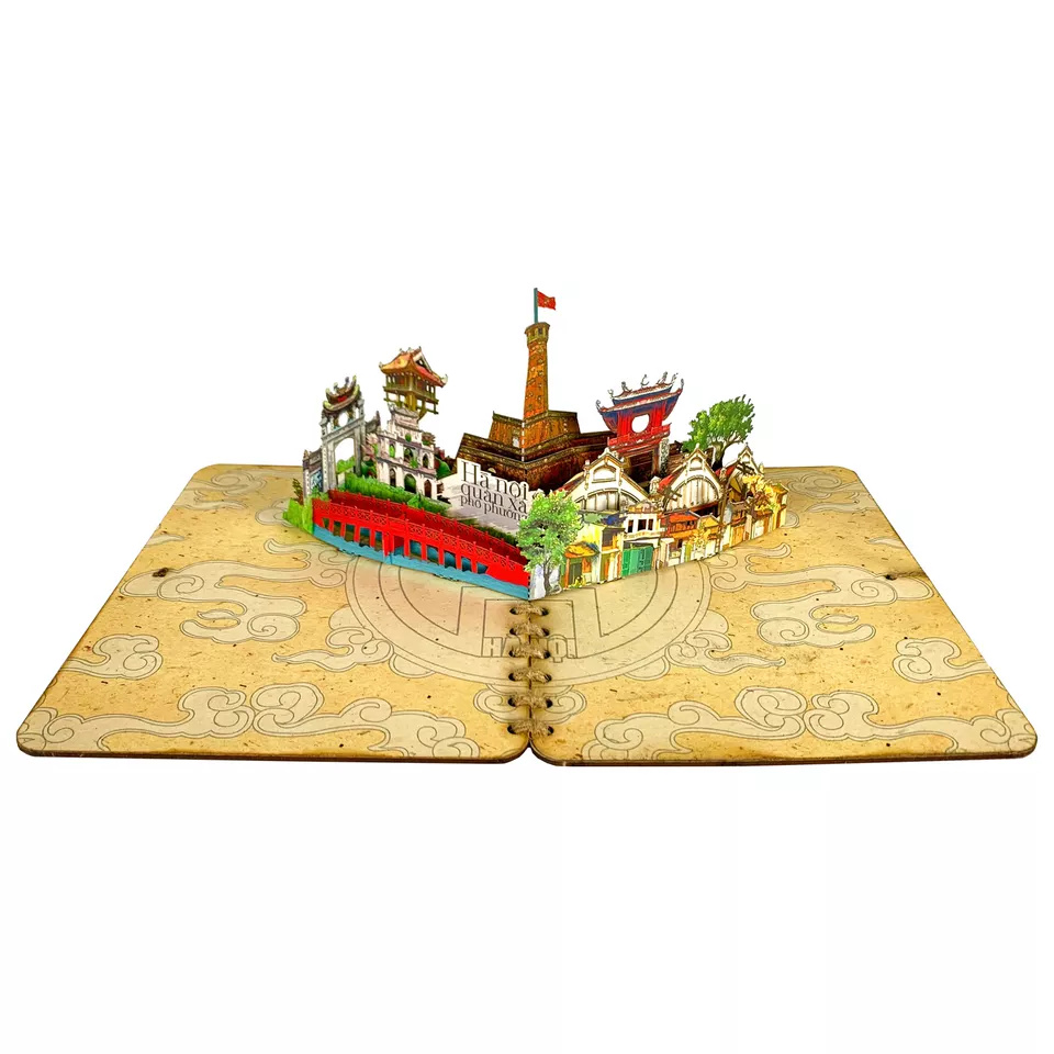 Pop Up Modern Greeting Cards Ancient city of Hanoi in Vietnam Wooden Handmade Greeting Card
