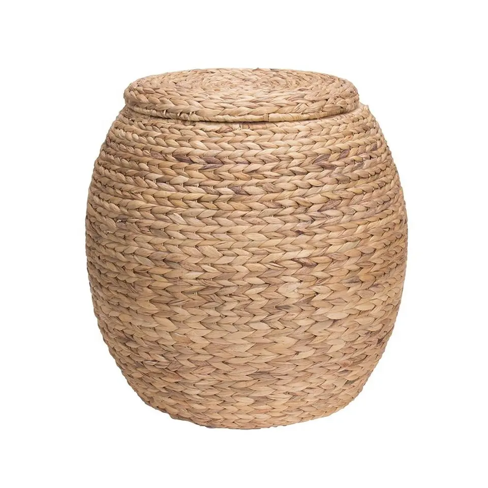 Vietrustic Round Chunky Handwoven Water Hyacinth Basket With Lid Bamboo Rattan Seagrass Storage Hamper Made In Vietnam