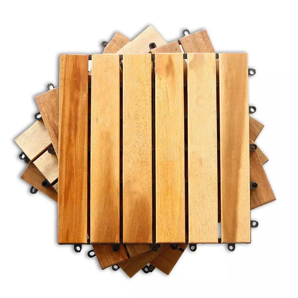 Outdoor DIY Acacia Wood Interlocking Deck Tiles 6 Slats Non-slip with Click-lock Plastic Base for Parquet Flooring