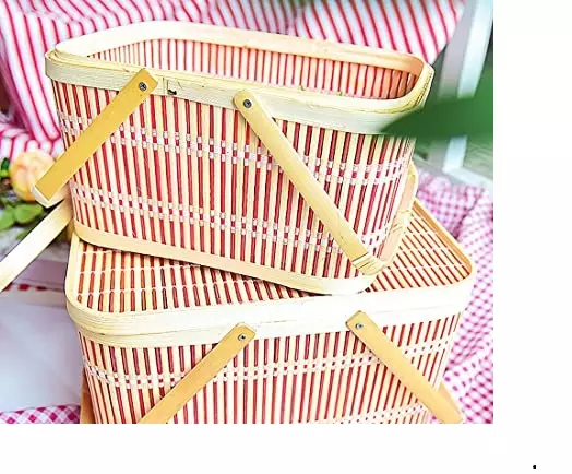 Pink Bamboo Storage Basket Craft Woven Storage Box With Lid And Handle For Outdoor Baskets