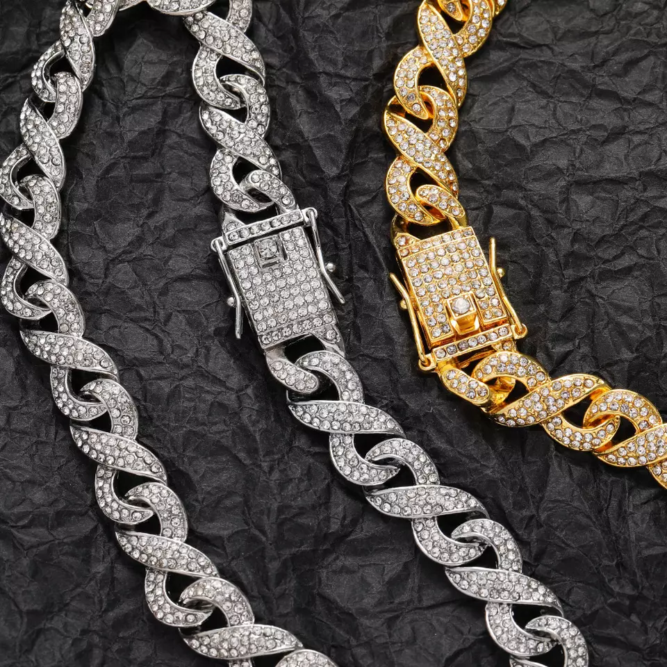 Full Diamond Cuban Bracelet National Tide Hip-hop 8-character Unlimited Cuban Chain Alloy Hip-hop Men's Large Gold Chain