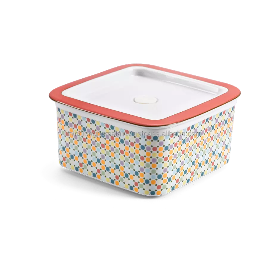 Minh Long I Mosaic Dots Print Porcelain Food Container with Lid 6 x 6 Inch, Secure Lock Storage Box for Eat Serve Dish