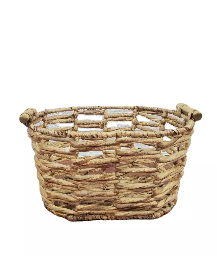 Small open weave water hyacinth laundry basket/woven basket bins handles/wicker toy clothes basket