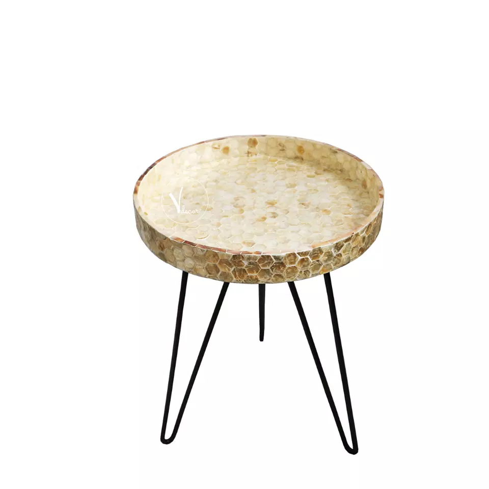 Beige Color Round Side Table with Mother of Pearl Inlay and Honeycomb Pattern | Furniture for Living Room