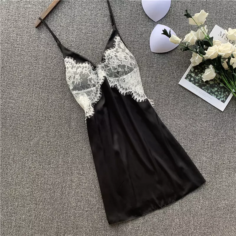Knee Length Spring nonwoven Summer Acrylic Material Lady Sexy Lace Suspenders Womens Satin Pajamas