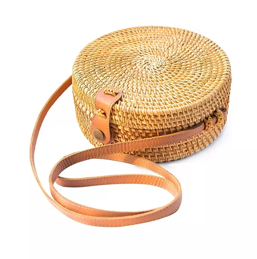 Creative Handwoven Round Rattan Bag with Shoulder Leather Straps Natural Chic Handbag for Women, Christmas Gift for her