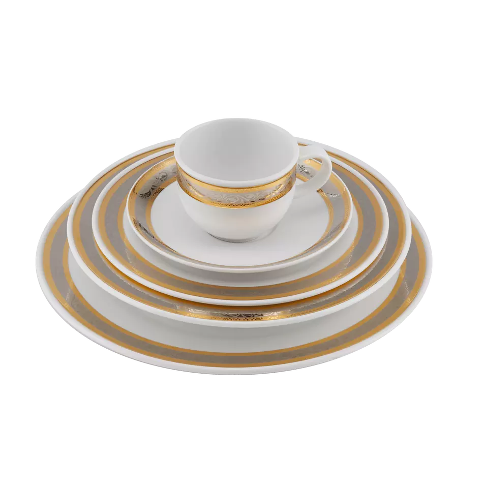 Minh Long I 5 Pieces Assorted Premium Porcelain with Elegant Rose Trim Dinnerware Set, Round Plates Coffee Tea Cup Saucer