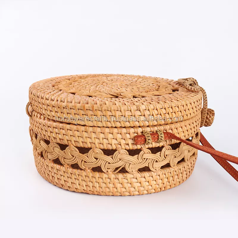 Round rattan handbags, wicker bags handmade with leather/rattan clasp and strap