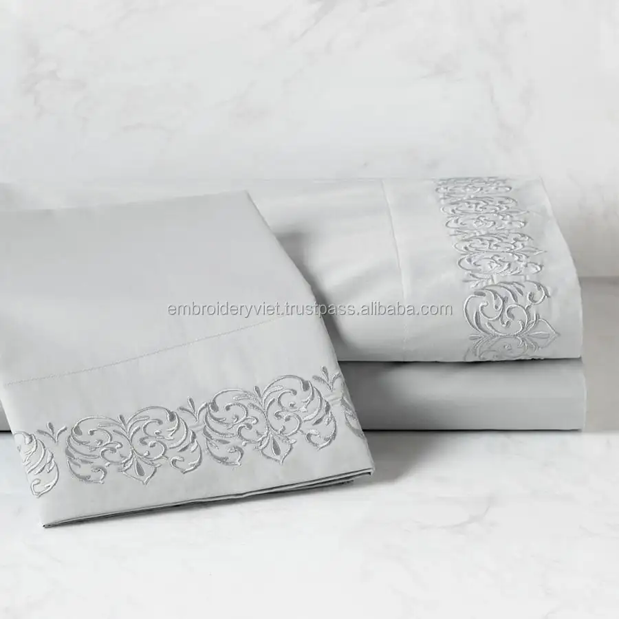 Viet Nam made luxury cotton duvet cover embroidered bedding set, embroidery design bed sheet