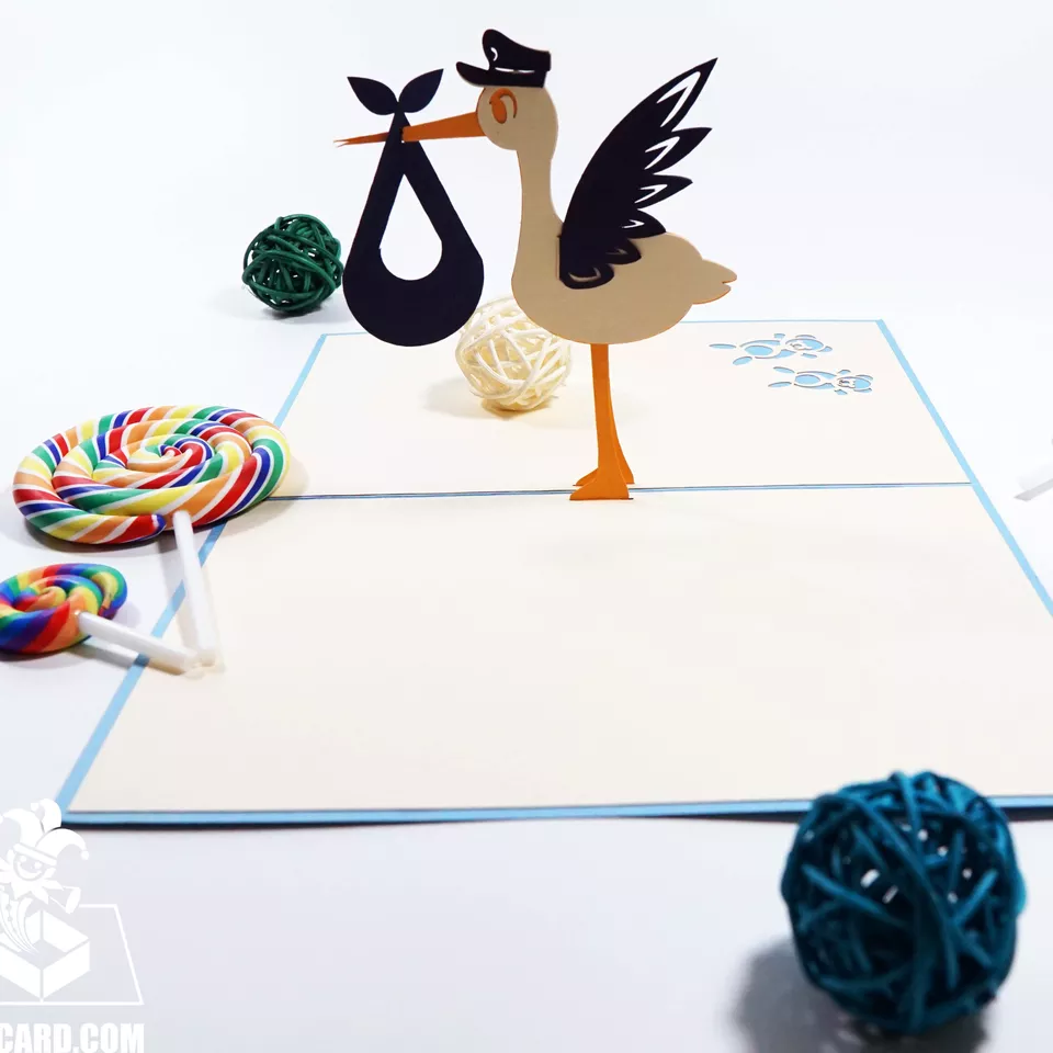 3D Blue Stork Baby shower card cute funny greeting Pop Up Card