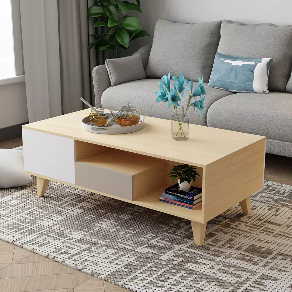 Minimalist Design Wood Color Wooden Nordic Square Multifunction TV Stand and Coffee Table For Apartments
