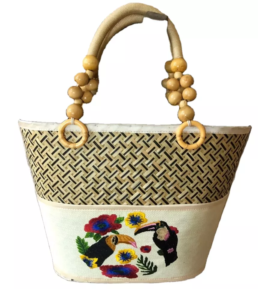 Handmade High quality best selling bamboo straw handmade handbag with handle from Vietnam Light yellow