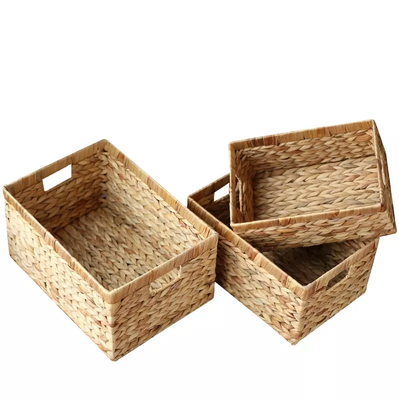 Wholesale Woven Natural Water Hyacinth Rectangular Basket Box with Handle