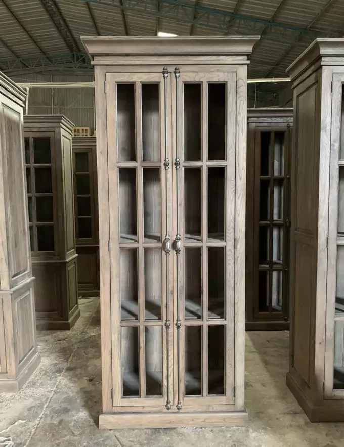 French Antique and Vintage Drawing-Room Furniture Aged Oak Collection Solid Wood 4 Glass Doors Bookcase