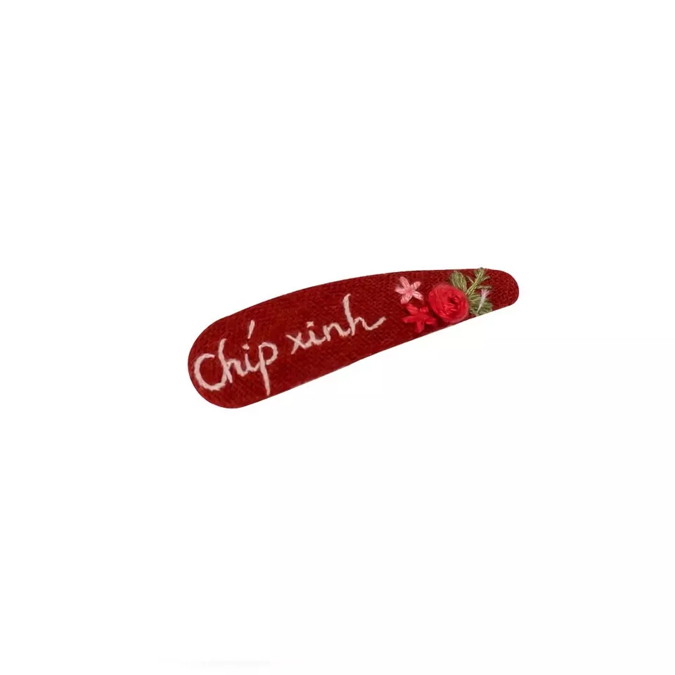 Hand Made Hair Clip Pretty Little Red Teardrop Hair Clip For Kids With Hand-embroidered Baby's Name