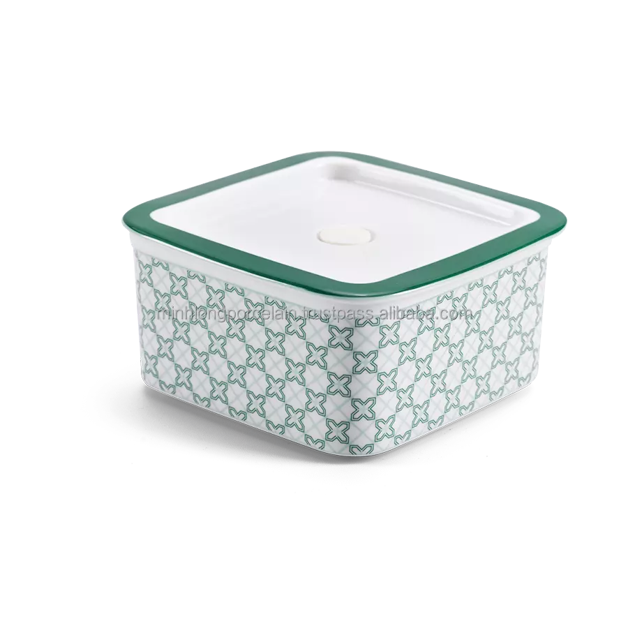 Minh Long I Graphic Pattern Porcelain Food Container with Lid 6 x 6 Inch, Secure Lock Storage Box for Eat Serve Dish Lunch Break